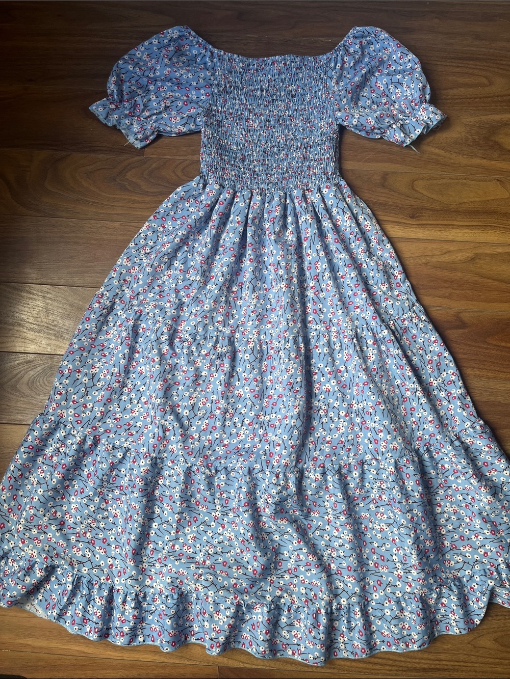 Women Blue White Floral Smocked Puff Sleeve Maxi Dress Long Summer A Line Medium